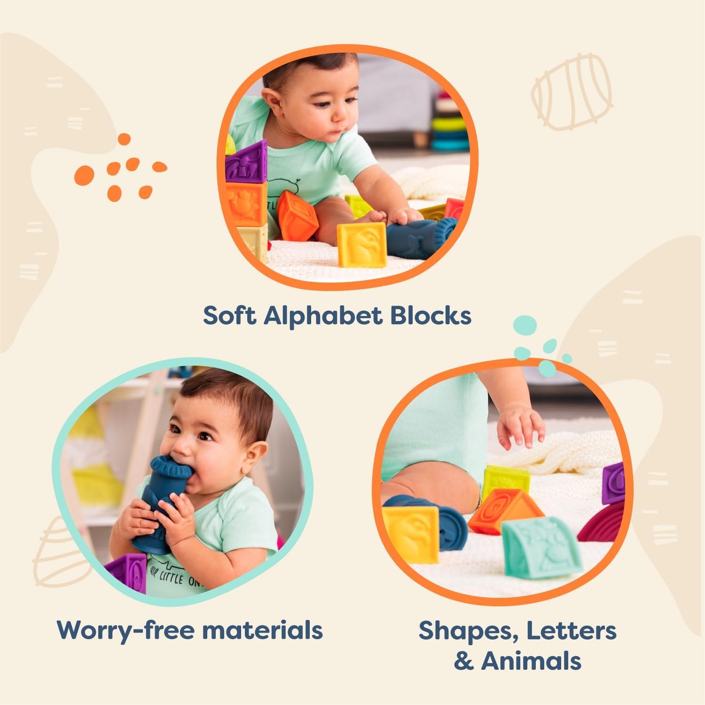 B. baby Elemenosqueeze, 26 Soft Stackable Baby Blocks, Alphabet Building Blocks, Architectural Building Blocks, Shapes and Letters Baby Blocks, Animal-Themed Baby Blocks, Educational Baby Toys 6 Months+ - Toyigo