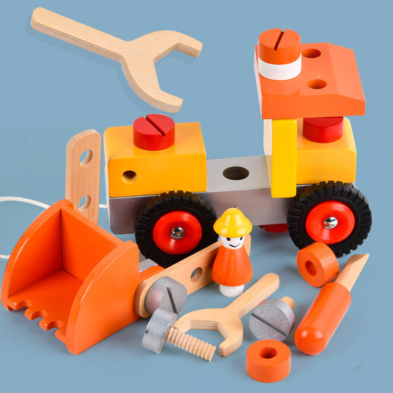 Children's Wooden Screw Car Nut Tool Box Toy, Wooden Montessori Excavator/Digger Model Toy for Boys