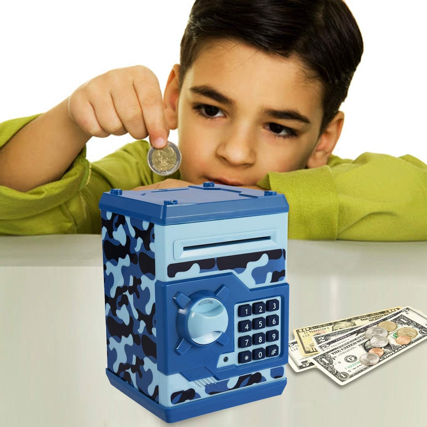 Kids Money Bank, Electronic Piggy Banks, Great Gift Toy for Kids Children, Auto Scroll Paper Money Saving Box Password Coin Bank,Perfect Toy Gifts for Boys Girls (Blue Camo)