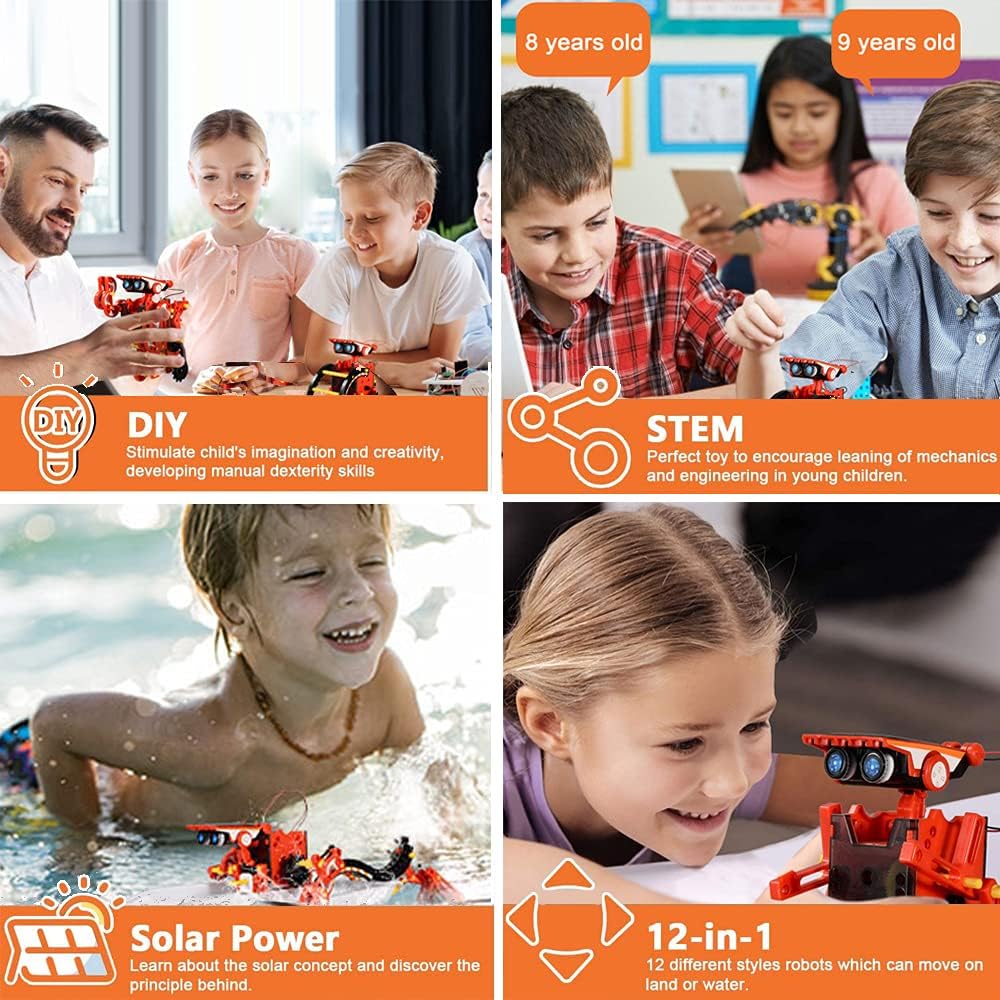 Solar Robots Toy, 190 Pcs Stem Science Project Kit 12 in 1, Kids Educational Science Experiments Building Robotics Kit for Boy and Girls Aged 8-12, Creation Solar Powered Engine Assembly Robot Kit