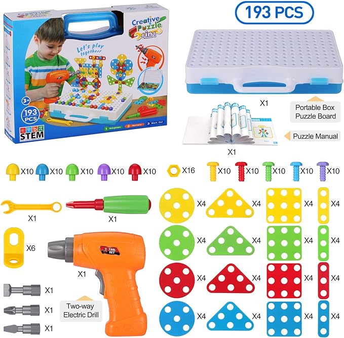 DIY Creative Mosaic Drill Set for Kids, 193 Pieces STEM Drill Toys Kit, Construction Engineering Building Blocks Learning Kit for Ages 3-10 Years Old, Creative Games & Fun Activity