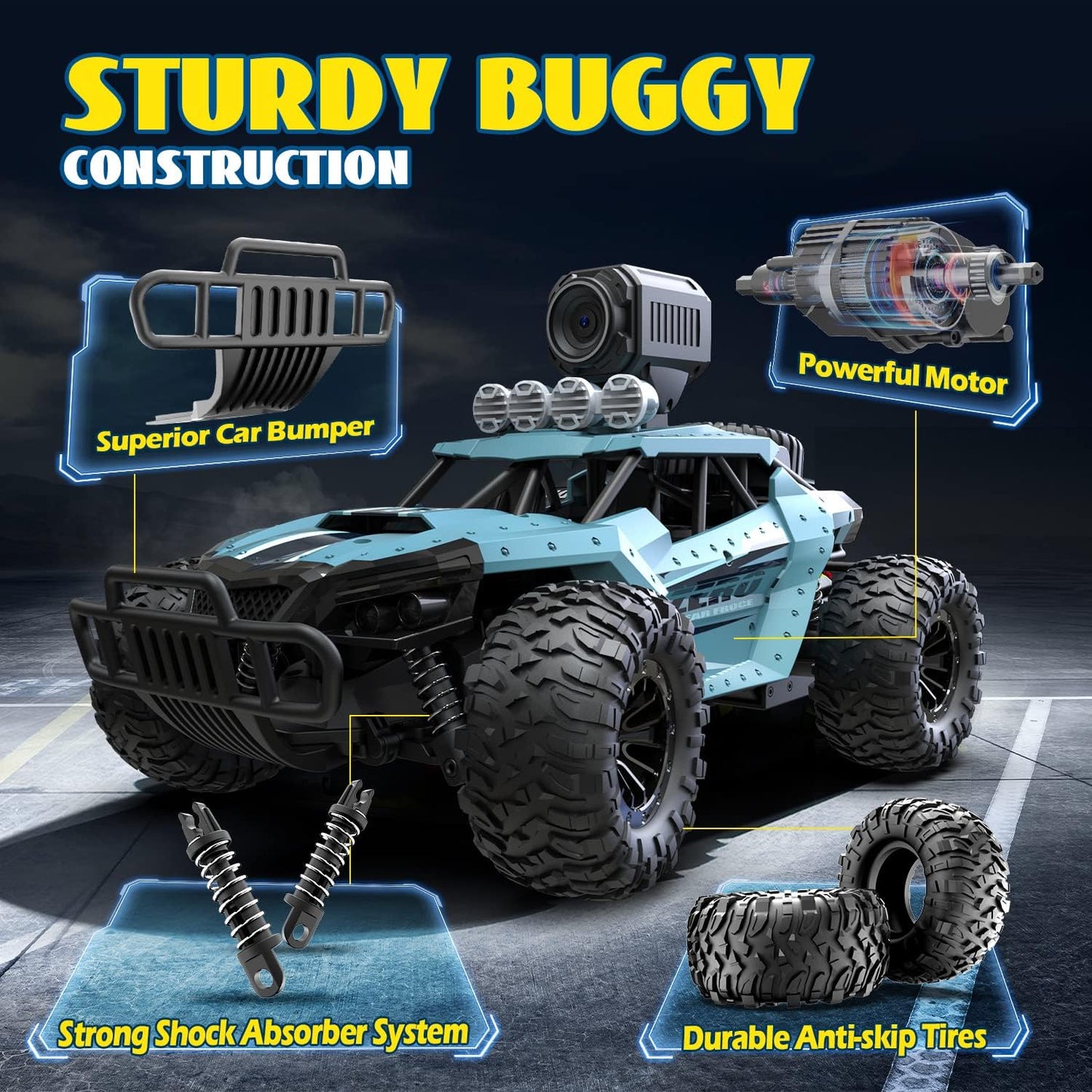 RC Cars, DE36W Remote Control Car, 1/16 Off-Road High Speed Monster Trucks, with 1080P HD FPV Camera, for Kids Adults 60 Min Play - Toyigo