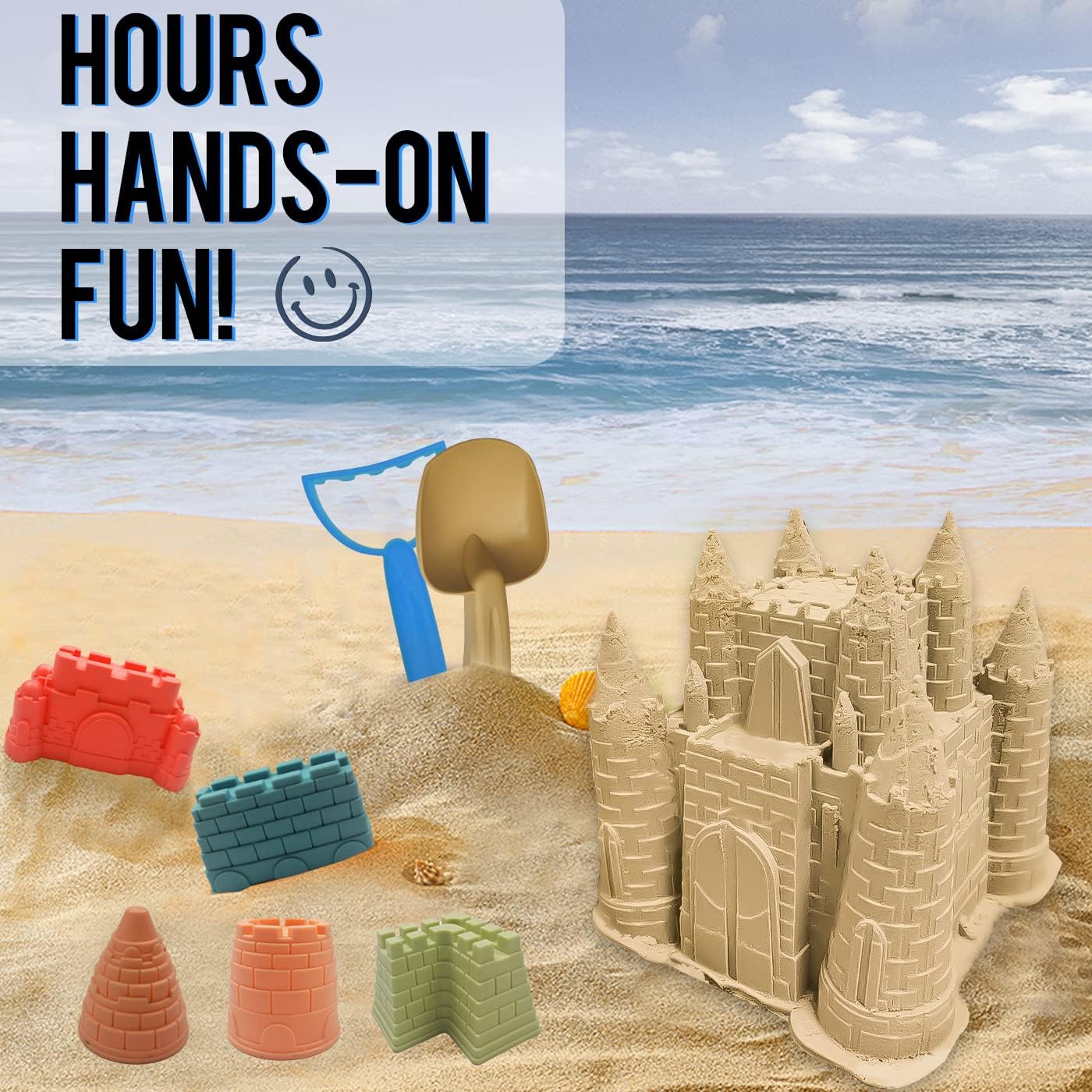 Beach and Sand Castle Kit, 12 PCS Sand Toys for Kids, Outdoor with Sand Castle Bucket, Molds, Rake and Shovel, Great Toys for Beach