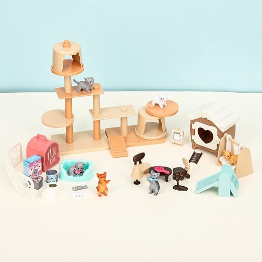 43-Piece Cat Figurine Playset , Realistic Pet Care Center Role Play Toys for Kids, Toddlers, Boys and Girls