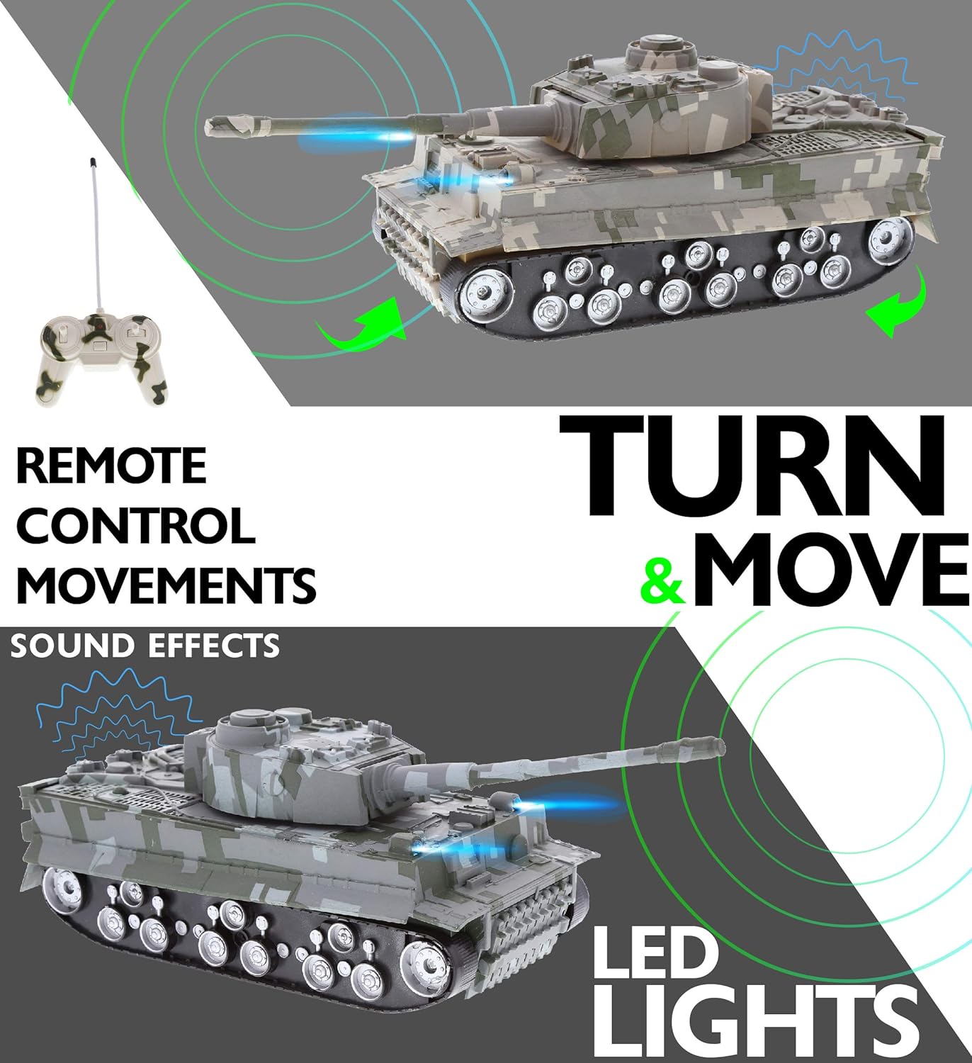 Army RC Tank Toy, Remote Control Tank with Lights and Sounds, RC Tank with Rotating Turret, Realistic RC Military Tank Model, Cool RC tank toy, RC Vehicles for Kids - Toyigo