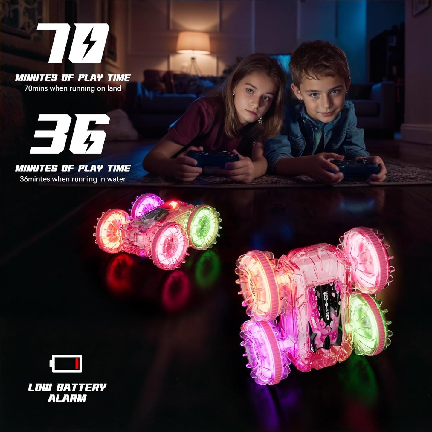 Stunt Car, Remote Control Car for Water or Land Play, Pink Pool Toys with 2Batteries 70/36Minutes, 360øRotation,180øFlip,2.4GHz RC Car with LED Lights Remote Control Car for Kids - Toyigo