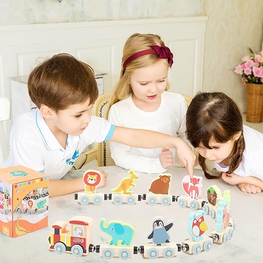 11PCS Magnetic Wooden Animals Train Set, Montessori Toys for Toddlers Toys for Preschool Learning Activities Birthday Kids Boys Girls