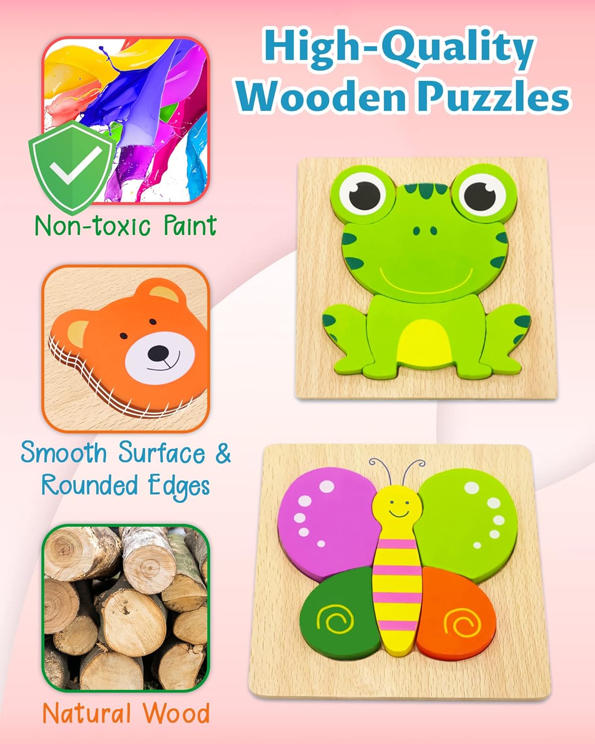 Animal Shape Wooden Puzzles for Toddlers Wooden Puzzles Toddler Toys,  Animal Jigsaw Puzzles Montessori Toys,Gifts for 1 2 3 Year Old Boys Girls, Learning Educational Christmas Birthday Gifts for Girls Boys Ages 1-3 Kids Toys