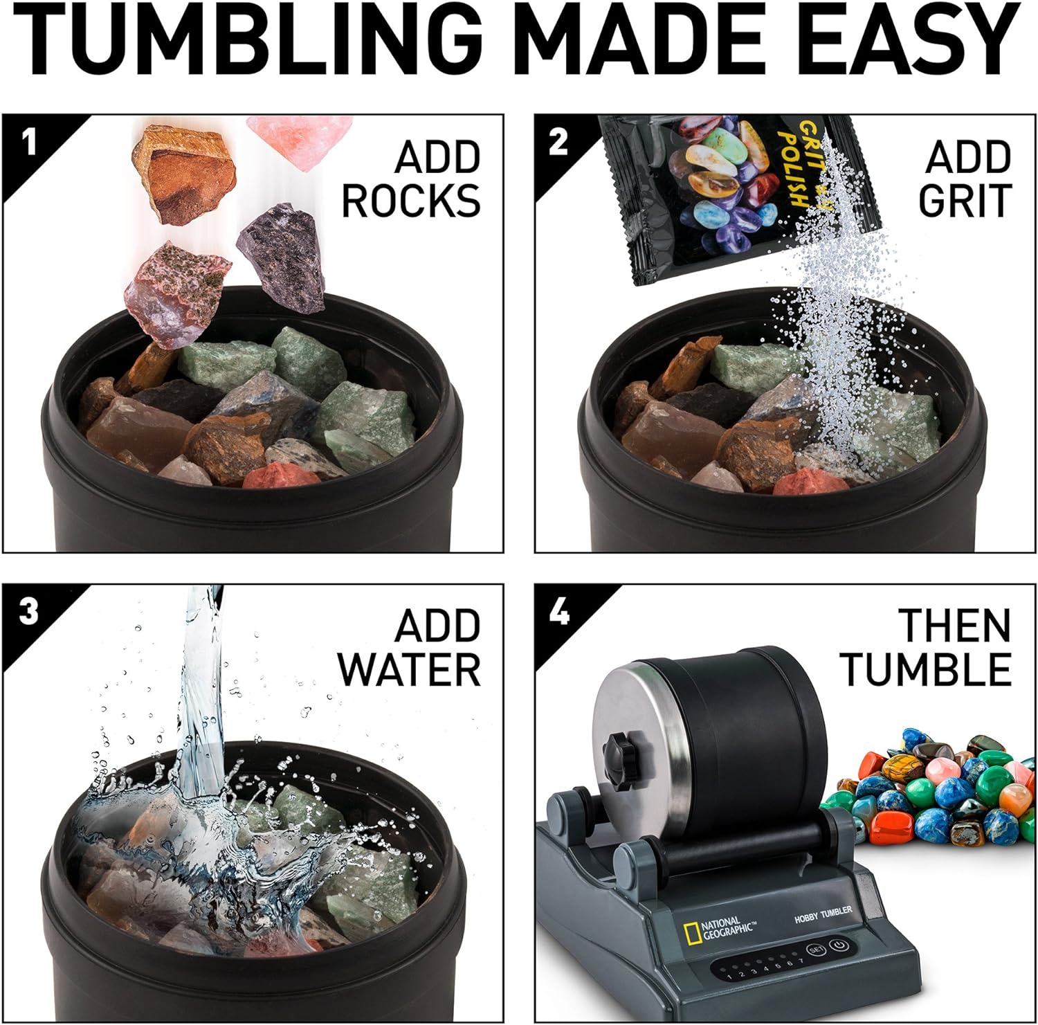 Rock Tumbler Kit, Rock Polisher, Hobby Edition Includes Rough Gemstones, Great STEM Science Kit for Geology Enthusiasts,  and 4 Polishing Grits, for Kids and Adults - Toyigo