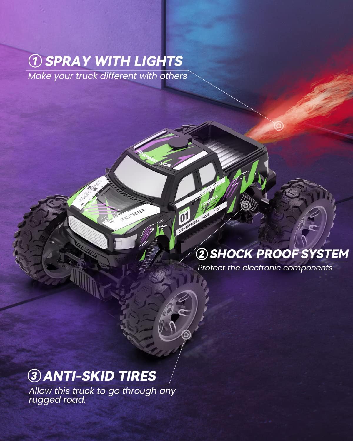 Remote Control Car, Remote Control Car, with Fog Mist & Lights, 1:16 Monster Trucks for Boys, 2.4Ghz RC Car Toy, 70+ Min Play, 4WD Remote Control Car with Fog Mist & Lights, Toy Vehicle for Kids and Adults - Toyigo