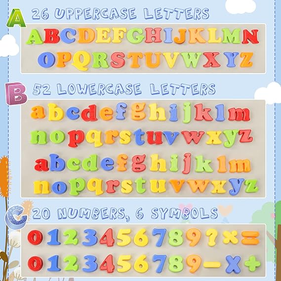 Magnetic Letters Numbers, Alphabet ABC 123 Fridge Magnets Plastic Educational Toy Set for Preschool Learning Spelling Counting Uppercase Lowercase Math Symbols for Toddlers Kids