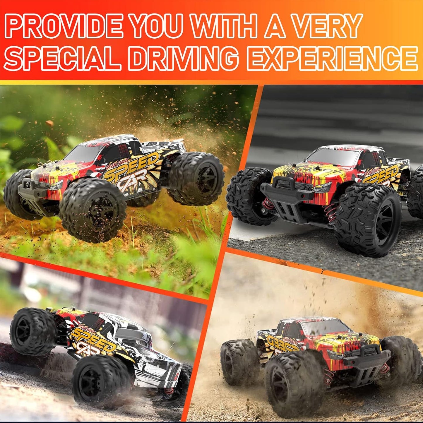 RC Cars,  High Speed Remote Control Car, Fast 2.4GHz All Terrains Toy Trucks, 2 Batteries for 40Min Play, for Adults Kids 30+MPH, 1:16 Scales 4WD Off Road RC Monster Truck, for Adults Kids 30+MPH - Toyigo