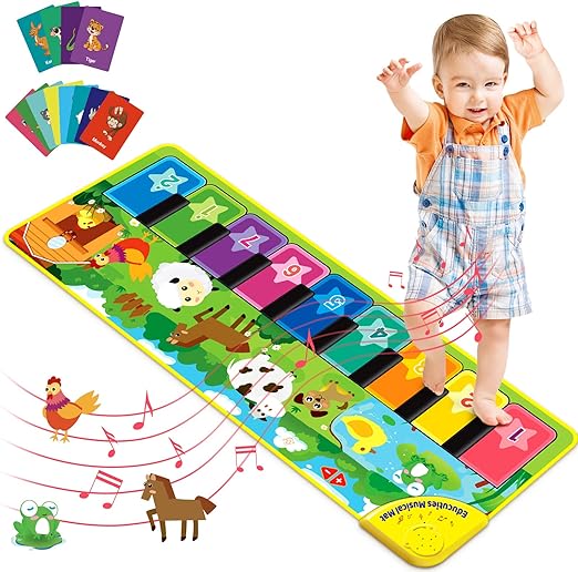 Floor Piano Playmat for Toddlers, Baby Musical Learning Toys, Animal Flash Cards Music Sound, Education Touch Keyboard Blanket, Birthday for Baby Boys Girls - Toyigo