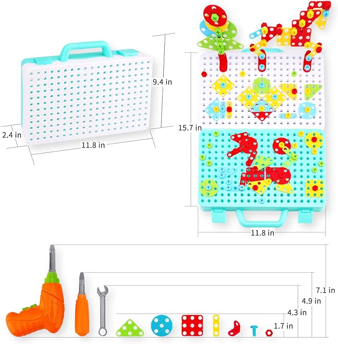 340PCS Electric DIY Drill STEM Puzzle Toy Set, Creative Mosaic Drill Puzzle Kit, 2D 3D Educational Building Blocks Construction Tool Kits, Design and Drill Stem Toys for 3 4 5 6 7 8 Year