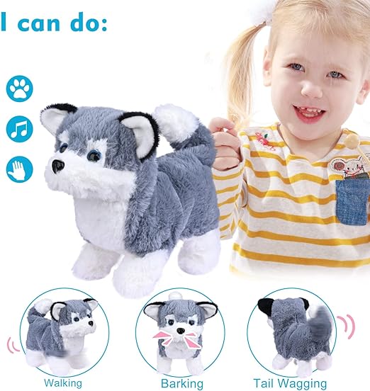 Toy Puppy Electronic Interactive Pet Dog - Walking, Barking, Tail Wagging, Stretching Companion Animal for Kids (Alaska Dog) - Toyigo