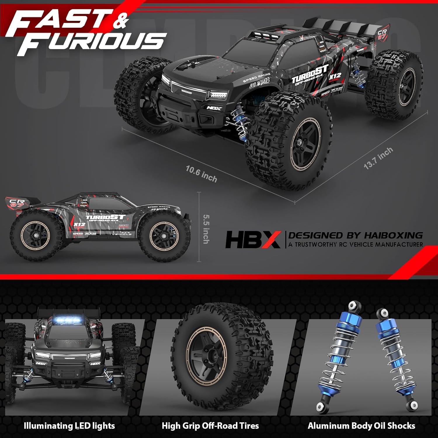 Speed RTR Off-Road RC Cars, 2997A Brushless RC Cars,1/12 Scale 4WD Remote Control Truck with Independent ESC,  Fast RC Cars 45 MPH Max Speed, RC Cars for Adults, Boys, 3S Batteries Applicable (not Included) - Toyigo