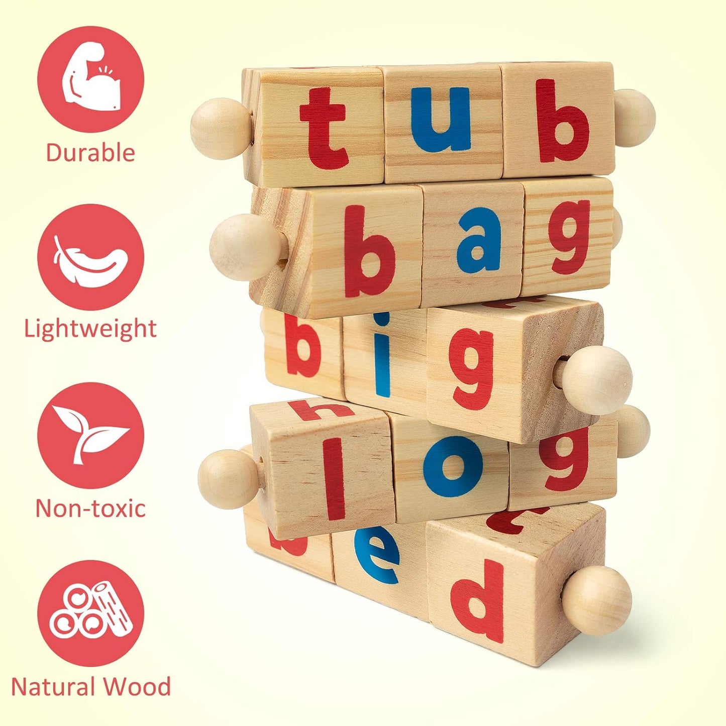 Wooden Reading Blocks Short Vowel Rods Spelling Games, Flash Cards Turning Rotating Letter Puzzle for Kids, Site Words Montessori Spinning Alphabet Learning Toy for Preschool Boys Girls - Toyigo