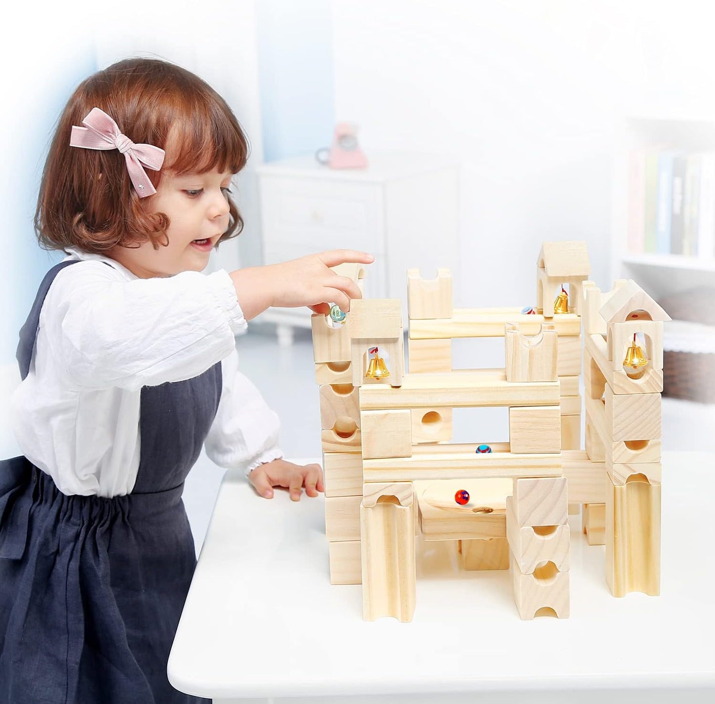 Wooden Marble Run includes 80 Wood Building Blocks Toys and 30 Colorful Glass Stones DIY Marble Maze Wood Marble Track Wooden Ramp Track Construction Set STEM Learning Toys for Gift