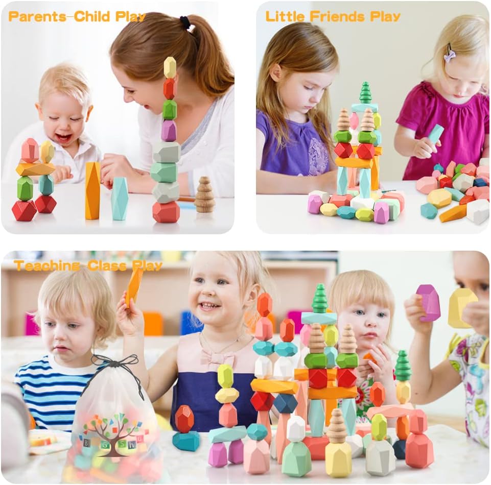 Wooden Stacking Building Blocks, 48PCS Montessori Toys 1 2 3 4 5 6 Year Old Girls Boys Preschool Educational Sensory Toys for Toddlers 1-3 STEM Learning Toys Ages 2-4 Kids Games Gift