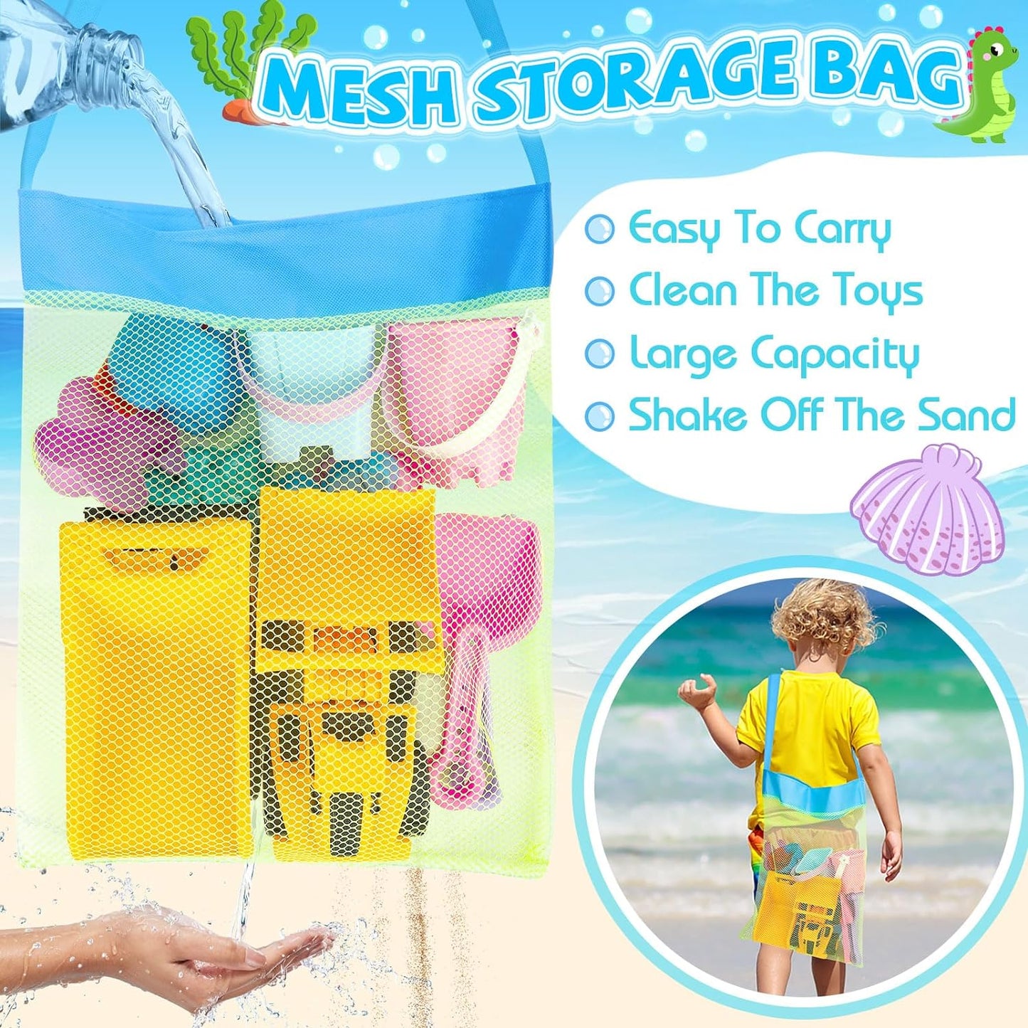 Beach Toys, 35Pcs Sand Toys, Sandbox Toys with 3 Truck 3 Collapsible Beach Bucket, Sand Castle Toys Kit, Animal Dinosaur Molds, Shovel Set, Mesh Bag, Travel Toys for Kids Toddlers Boys Girls