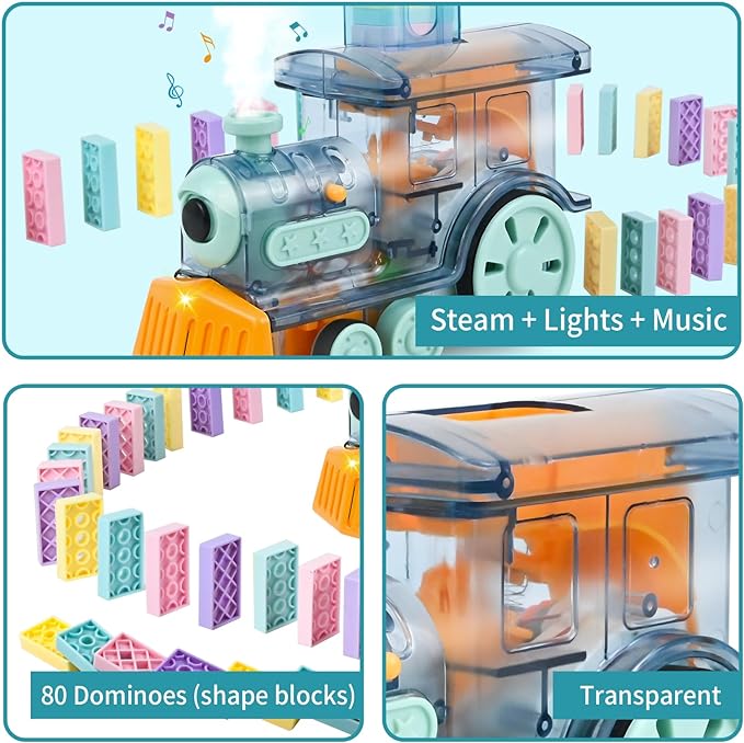 Domino Train Toy Set for Kids, 80 PCS Domino Blocks Electric Train Toy with Steam, Lights and Music, Automatic Domino Train Toy Creative Gifts for Boys and Girls