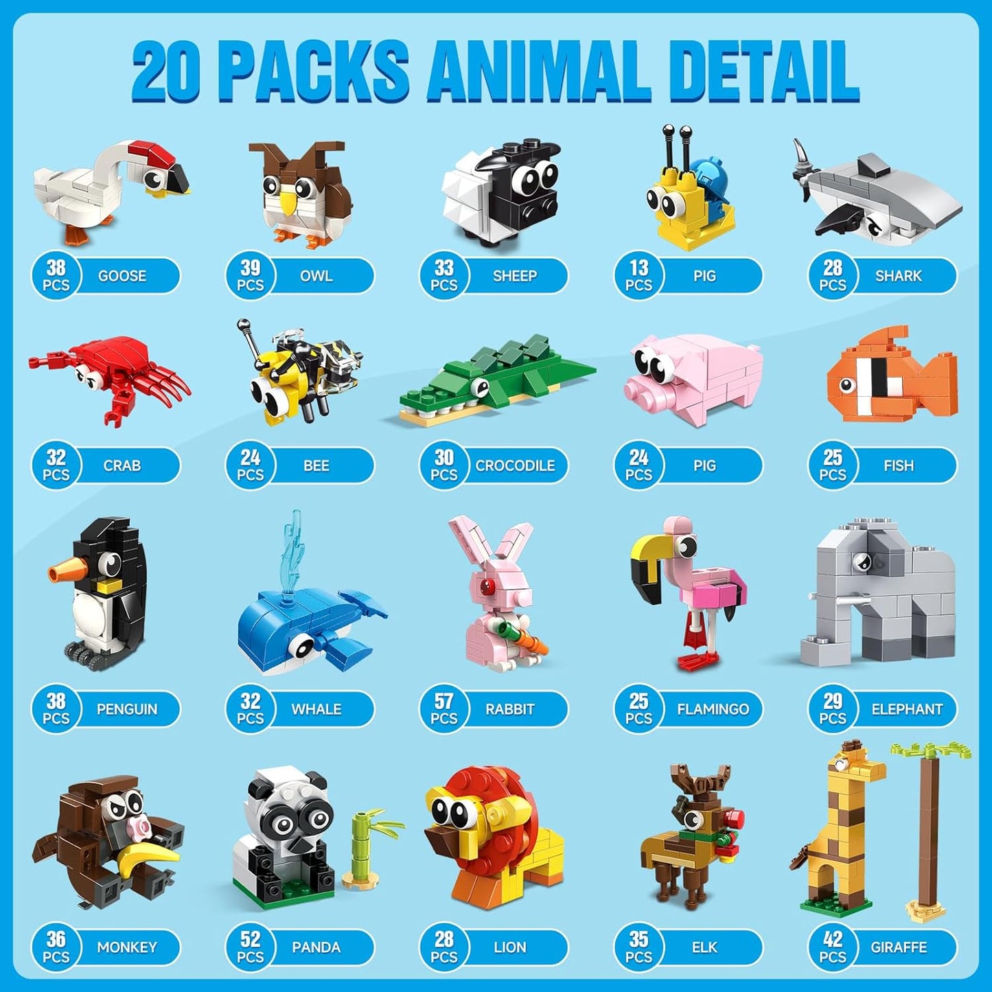 Animal Block Toys, 12 Pack, 20 Pack, Animals Building Blocks Toy,  for Easter Gifts Goodie Bags Stocking Stuffer Classroom Prizes Building Set, Valentines Day Birthday Gift for Boys Girls Ages 6-12+