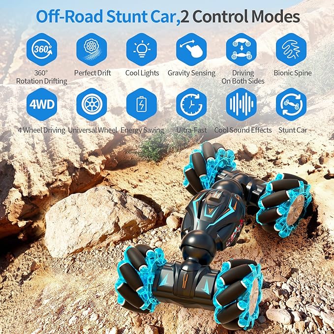 RC Stunt Car, 1:12 RC 2.4GHz 4WD Remote Control Gesture Sensor Toy, Road Vehicle 360ø Flips Double Sided Rotating with Lights Music, Cars for Boys & Girls Birthday Gifts - Toyigo