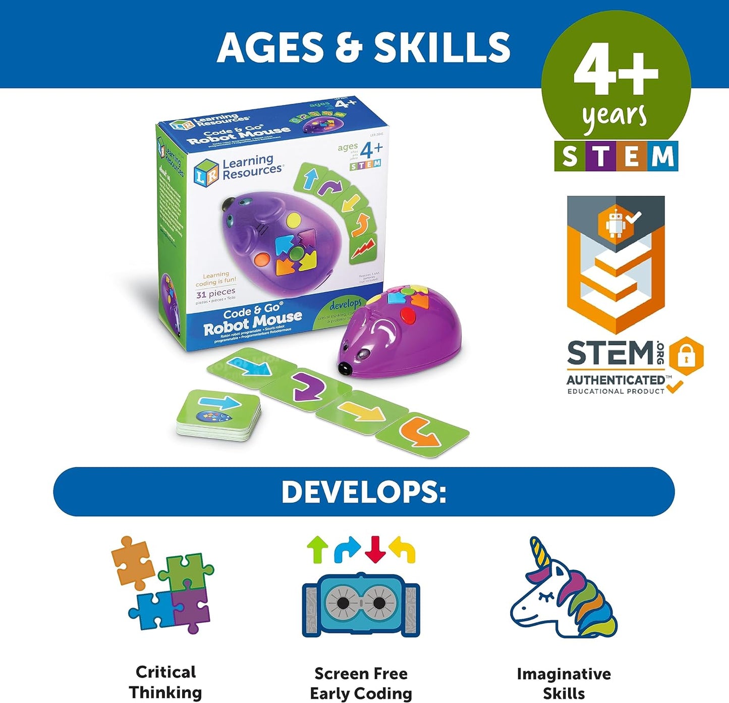 Learning Resources Code & Go Robot Mouse, Educational Learning Resources STEM Toys, 31 Pieces, Ages 4+, Screen-Free Coding Toys for Kids