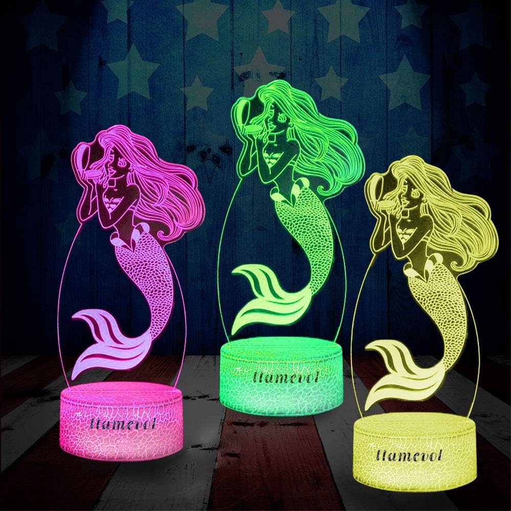 Night Lights, Mermaid Beauty Princess Night Lights, Christmas Gifts Birthday Dimmable Remote Led 3D Illusion Lamp Set, for Boys Girls Toddlers Adults - Toyigo