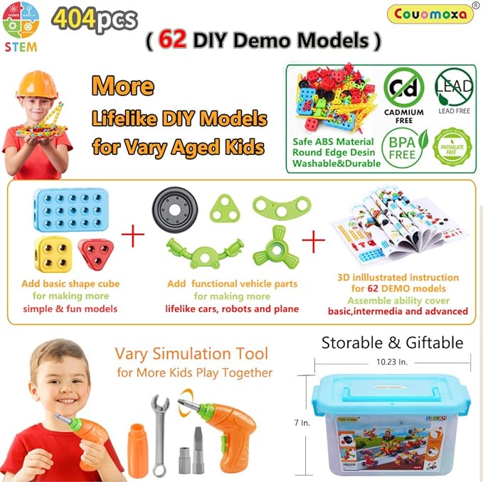 Building Toys, 404 Pieces STEM Toys Kit Creative Construction Engineering Learning Set for 5, 6, 7, 8+ Year Old Boys & Girls Best Toy Gift for Kids, Take-A-Part Building Blocks