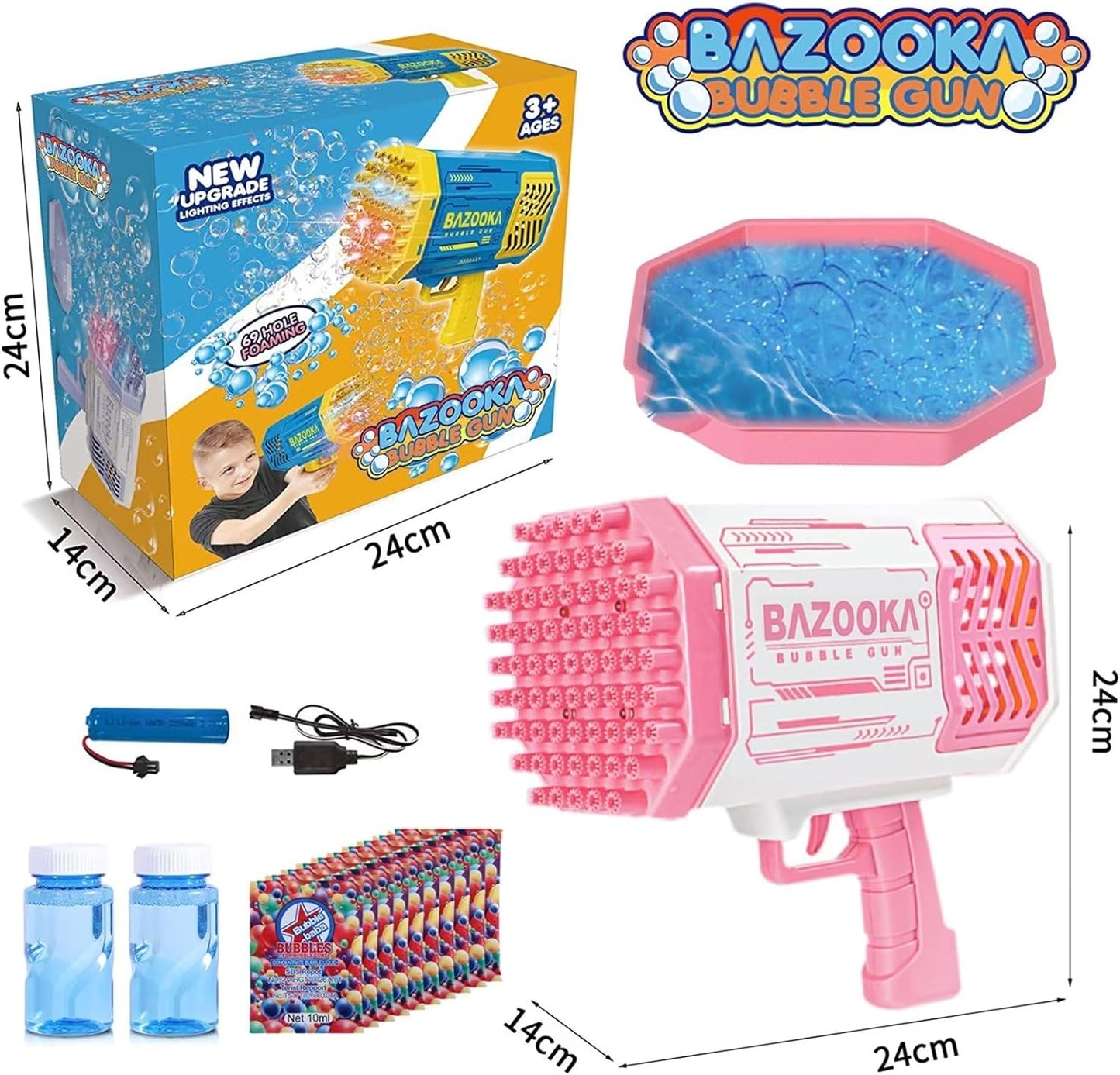 Bubble Machine Gun, 69 Holes Bubble Gun with Lights, Pink Outdoor Summer Beach Kids Bubbles Toys, Birthday Wedding Party Fun Gifts for Girls Boys