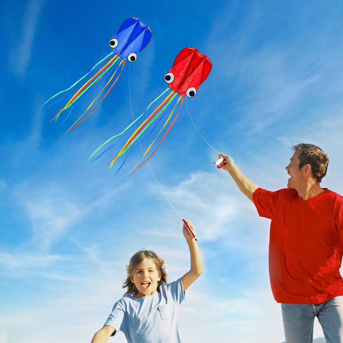 Large Octopus Kites, Long Tail Beautiful Easy Flyer Kites Beach Kites, Good Kites for Kids and Adults Easy to Fly(Red + Blue)