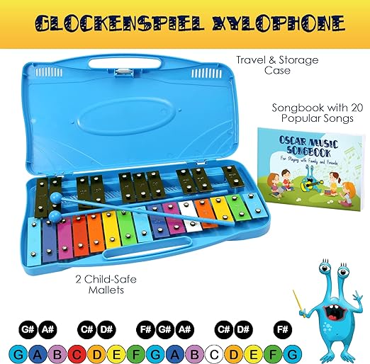 Glockenspiel Xylophone, 25 Note Colorful Metal Keys Xylophone for Kids, Percussion Musical Instrument, Includes Music Songbook with 20 Songs, Blue Carry Case - Toyigo