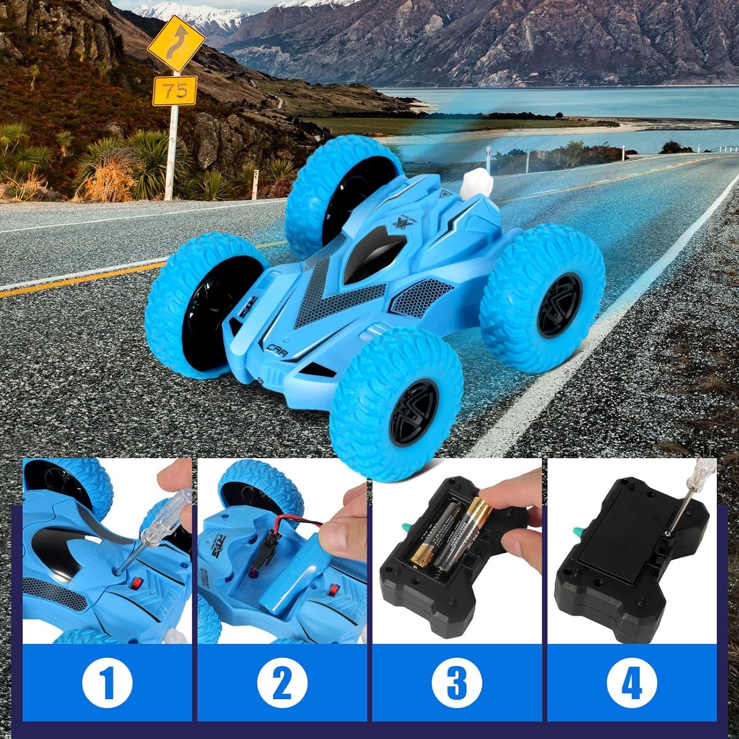 RC Stunt Cars, RC Cars with Lights, 4WD 2.4Ghz Double Sided 360ø Rotating RC Truck, RC Truck Cool Surprise for 6 Year Old Boy Gifts Kids Xmas Toy Cars for Boys Girls(Blue) - Toyigo