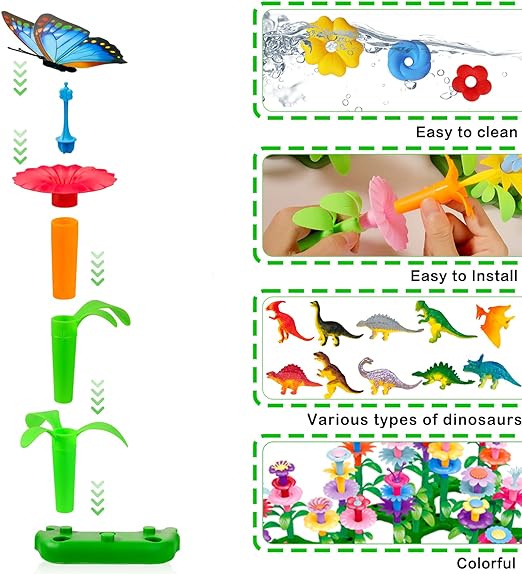 Dinosaur Flower Garden Building Blocks, Fine Motor Skill Stacking Games, Easter Basket Ideas STEM Toys for Kids Age 2+,Birthday Toys Gifts for 2 3 4 5 6 Years