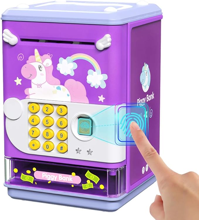 Piggy Bank Toy Electronic Mini ATM Savings Machine with Personal Password & Fingerprint Unlocking Simulation - Music Box with Songs for Kids, Boys and Girls Age 3-8 Years (Purple) - Toyigo