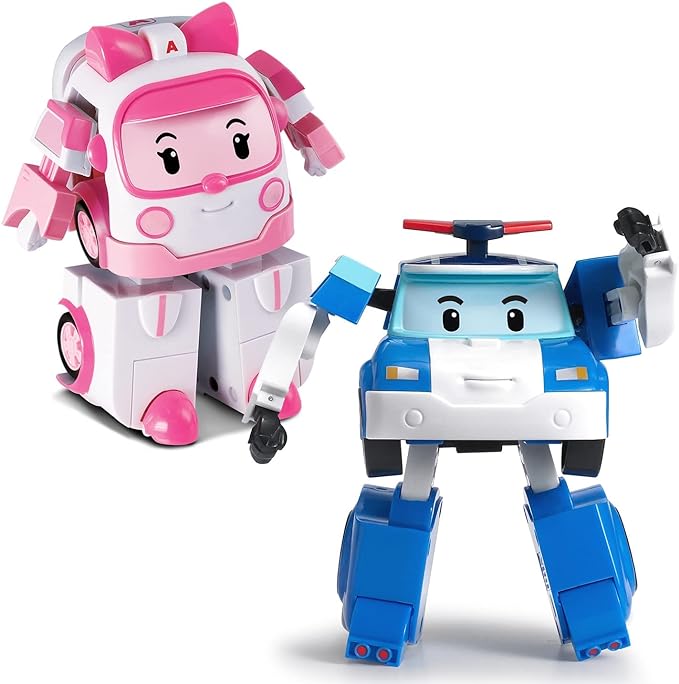 Robocar Poli  + Amber + Roy + Hilly Transforming Robot Toys, 4" Transformable Action Figure Toy, Emergency Vehicle Playset, Holiday Birthday Rescue Car Toys Gift for Boys Girls Age 1-5