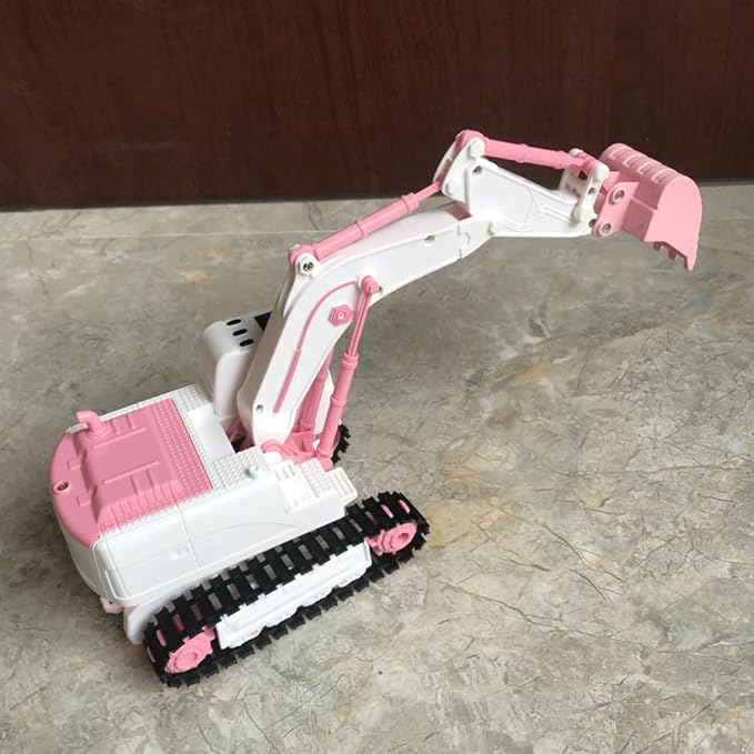 RC Excavator Car – 6-Channel Alloy Crawler with Lights, Dual Batteries, and Long-Range Control – Pink Construction Toy with Auto Demo & Digging Bucket