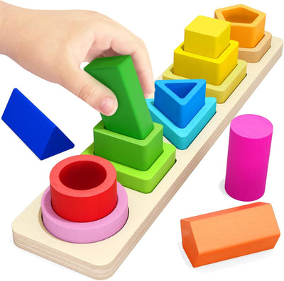 Montessori Stacking Toys for Toddlers 1-4 Years - Peg-Free Wooden Shape Sorter, Educational Learning Toy for Boys and Girls, Ideal Birthday Gift for Young Children