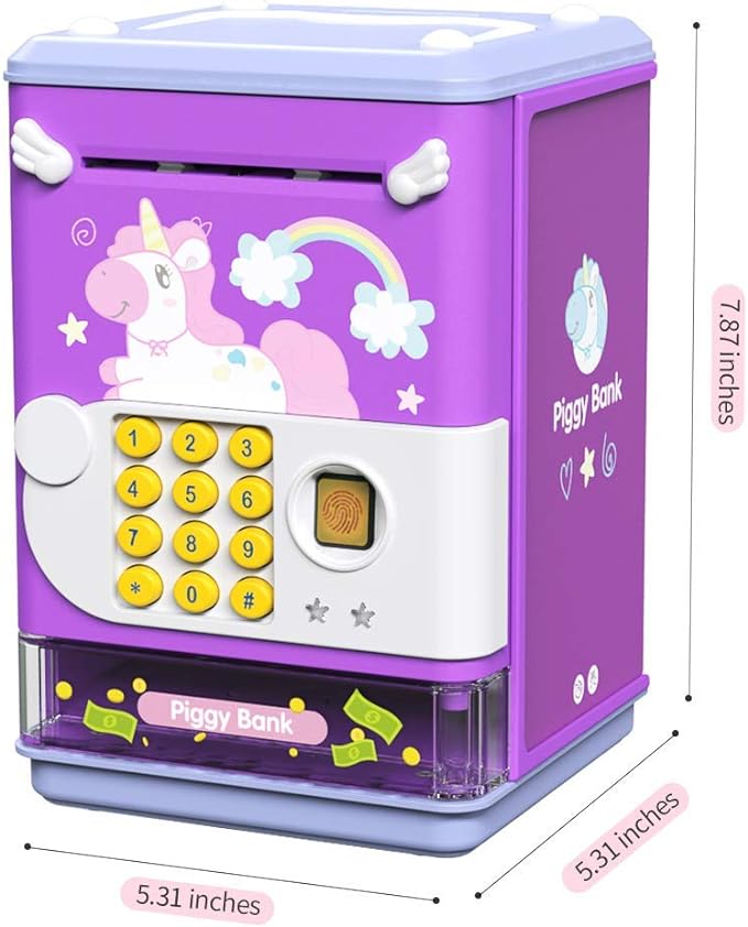 Piggy Bank Toy Electronic Mini ATM Savings Machine with Personal Password & Fingerprint Unlocking Simulation - Music Box with Songs for Kids, Boys and Girls Age 3-8 Years (Purple) - Toyigo