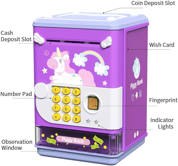 Piggy Bank Toy Electronic Mini ATM Savings Machine with Personal Password & Fingerprint Unlocking Simulation - Music Box with Songs for Kids, Boys and Girls Age 3-8 Years (Purple) - Toyigo