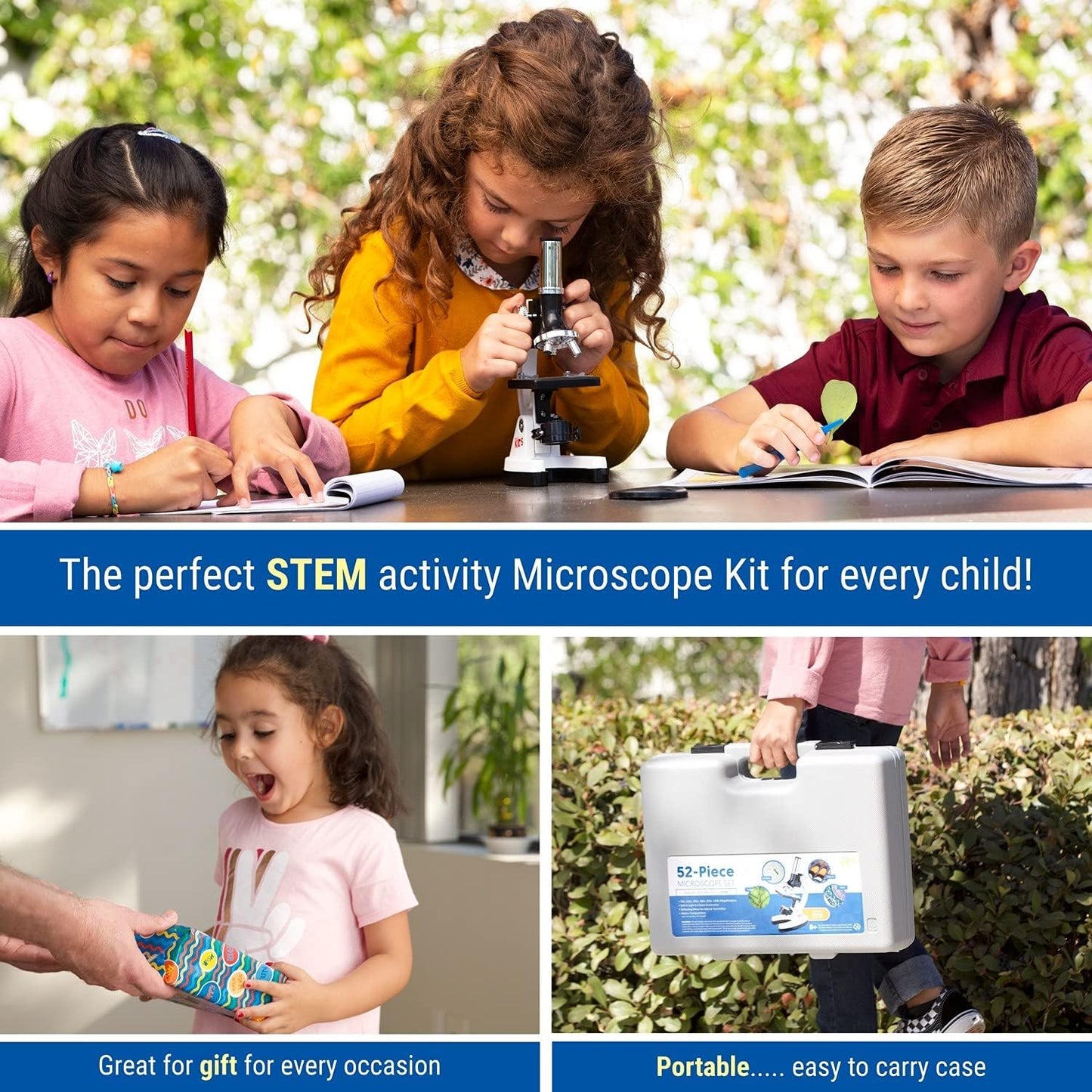 120X-1200X 52-pcs Kids Beginner Microscope, STEM Kit with Metal Body Microscope, Plastic Slides, LED Light and Carrying Box (M30-ABS-KT2-W), White - Toyigo