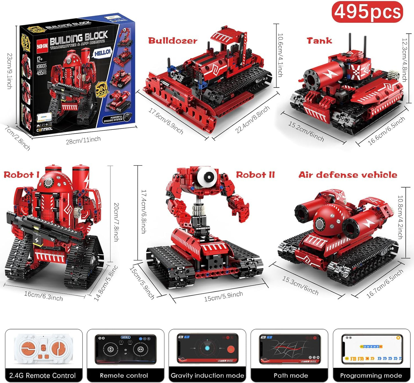 Building Blocks Set, Technique Car Science Kits for Kids Age 8-12, STEM 5in1 Remote & APP Control Tracked/Robot/Bulldozer/Tank, Building Toy Gifts for Boys Girls 8-16, (495 PCS)