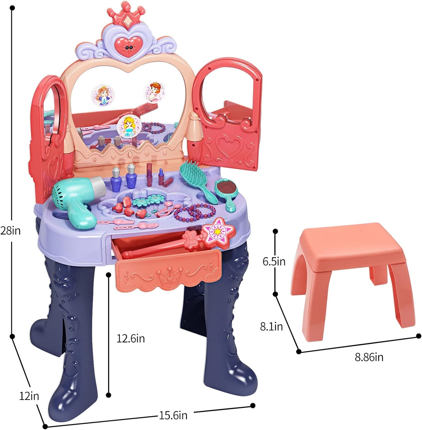 Toddler Vanity Makeup Table with Mirror and Chair, Open Doors by Gestures, Toddler Kids Vanity Set with Music Sound & Light Magic and Accessories, Girls Vanity for Toddlers 3-5 Years Old