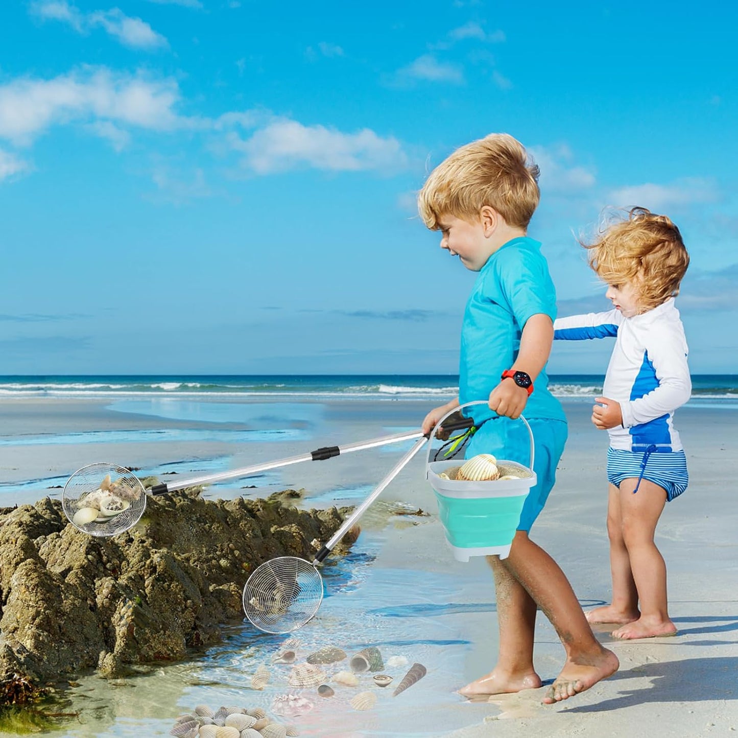 Shark Tooth Sifter, Beach Sand Sifter, Sea Shell Scooper for Beach, Shell Bags & Foldable Bucket, Sand Beach Toys for Kids 6 8 10 12