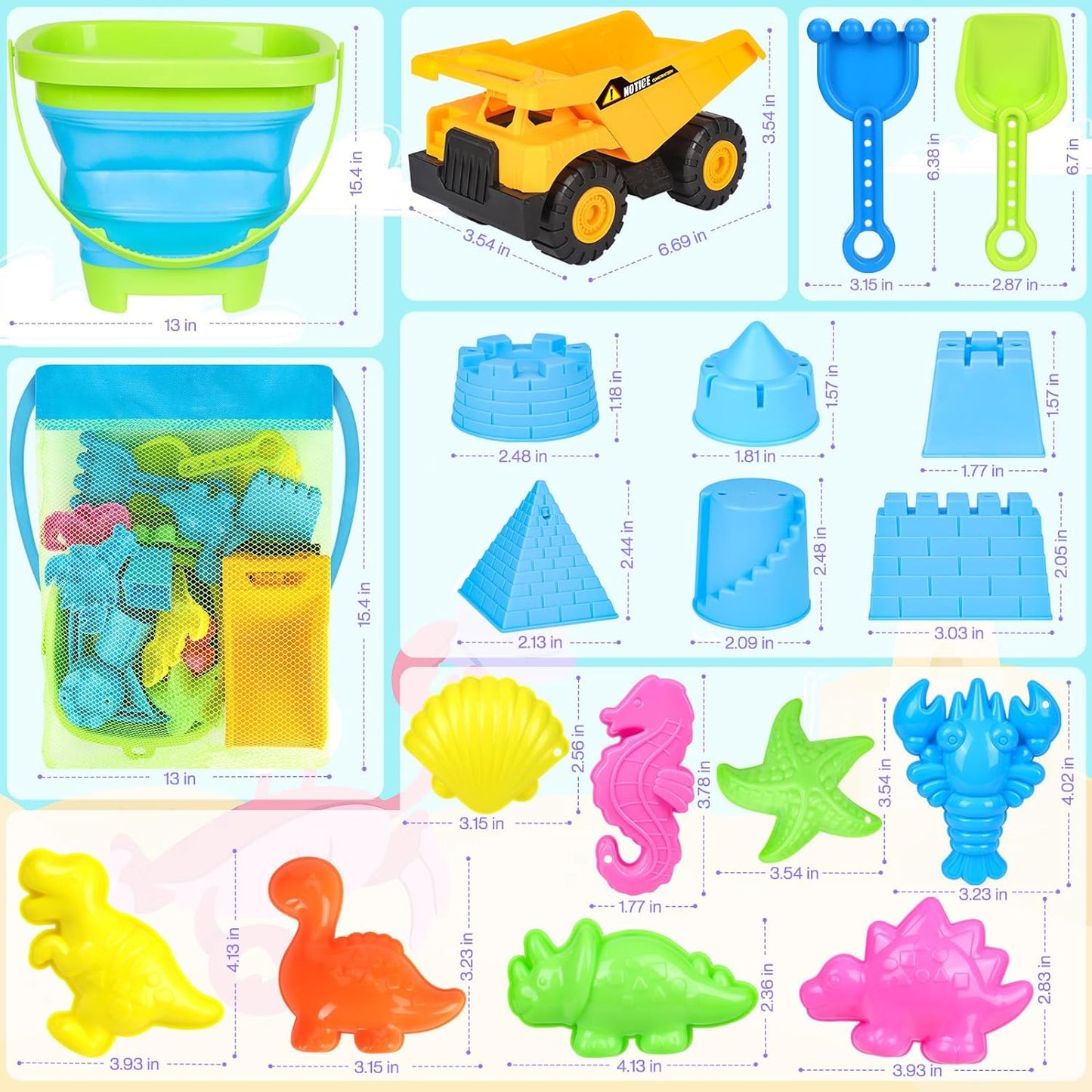 Beach Toys, 19Pcs Sand Toys, Sandbox Toys with Dump Truck, Collapsible Sand Bucket, Sand Castle Toys, Animal Dinosaur Molds, Shovel Set, Mesh Bag, Travel Toys for Kids Toddlers Boys Girls