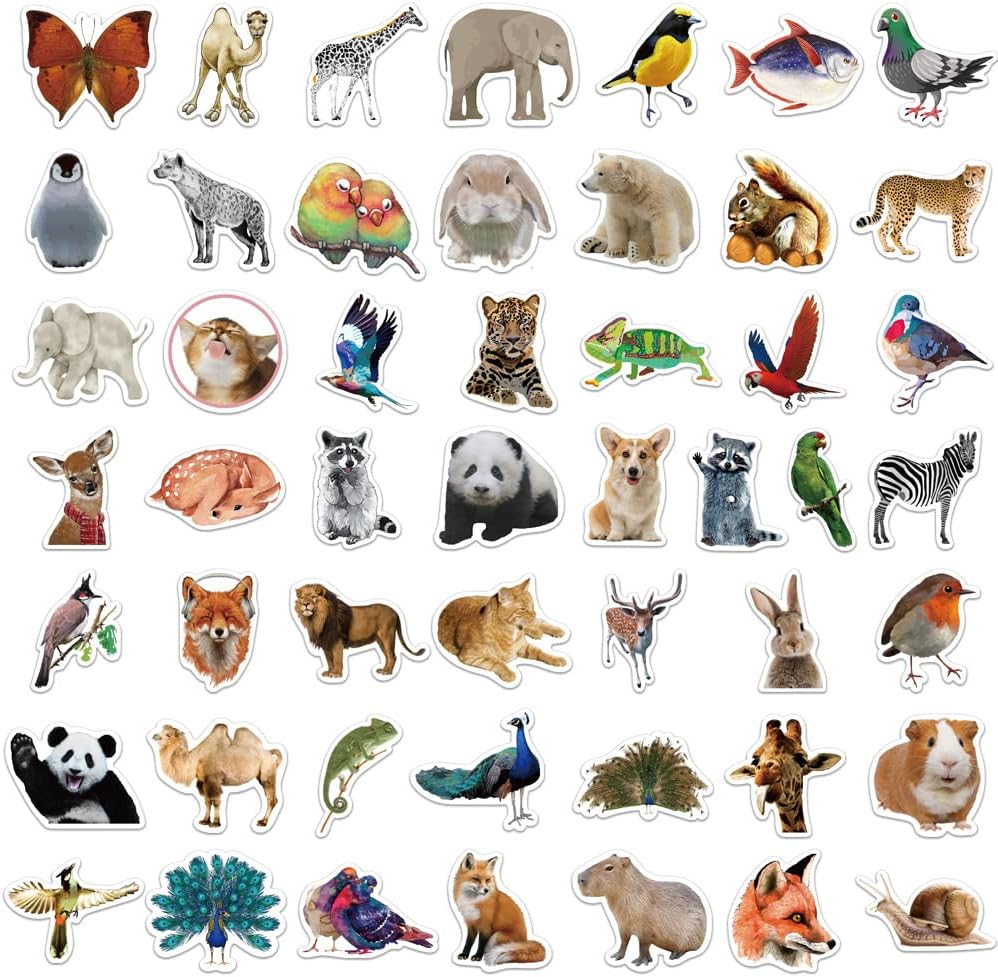 Cute Animal Stickers, Zoo Animals Stickers, Realistic Animals Decal for Kids Teens, 50Pcs Vinyl Waterproof Sticker for Water Bottles, Laptop