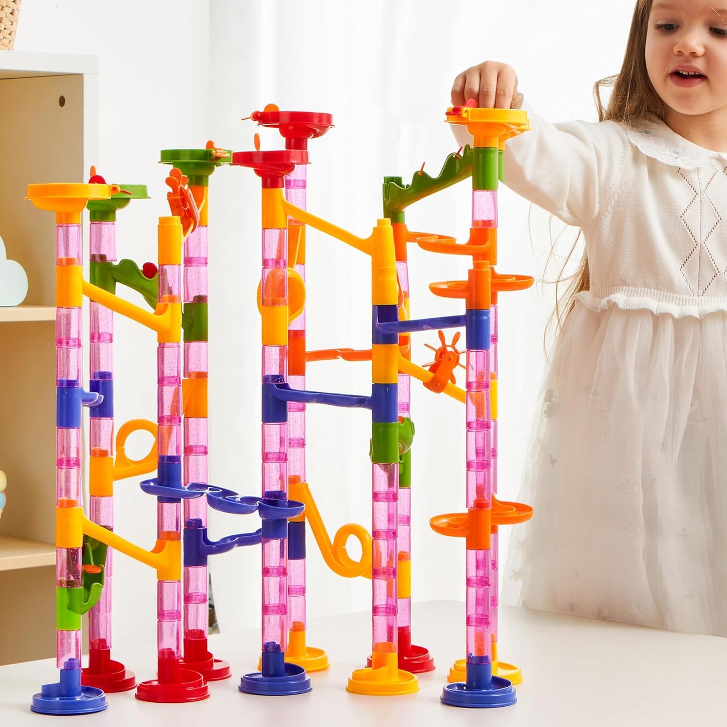 196-Piece Premium Marble Run Set – STEM Educational Building Toy with 156 Translucent Blocks & 40 Glass Marbles