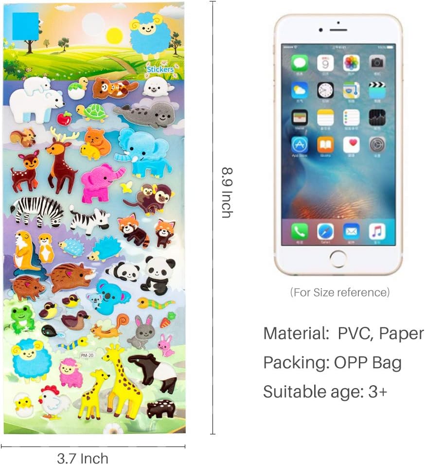 3D Puffy Stickers, Resuable Sticker for Toddler, Boys, Girls 4 Sheets for Kids, Mother Child Animals, Dogs, Cats, Elephant, Giraffe, Monkey, Sheep, Panda, Koala, Rabbit (Zoo)