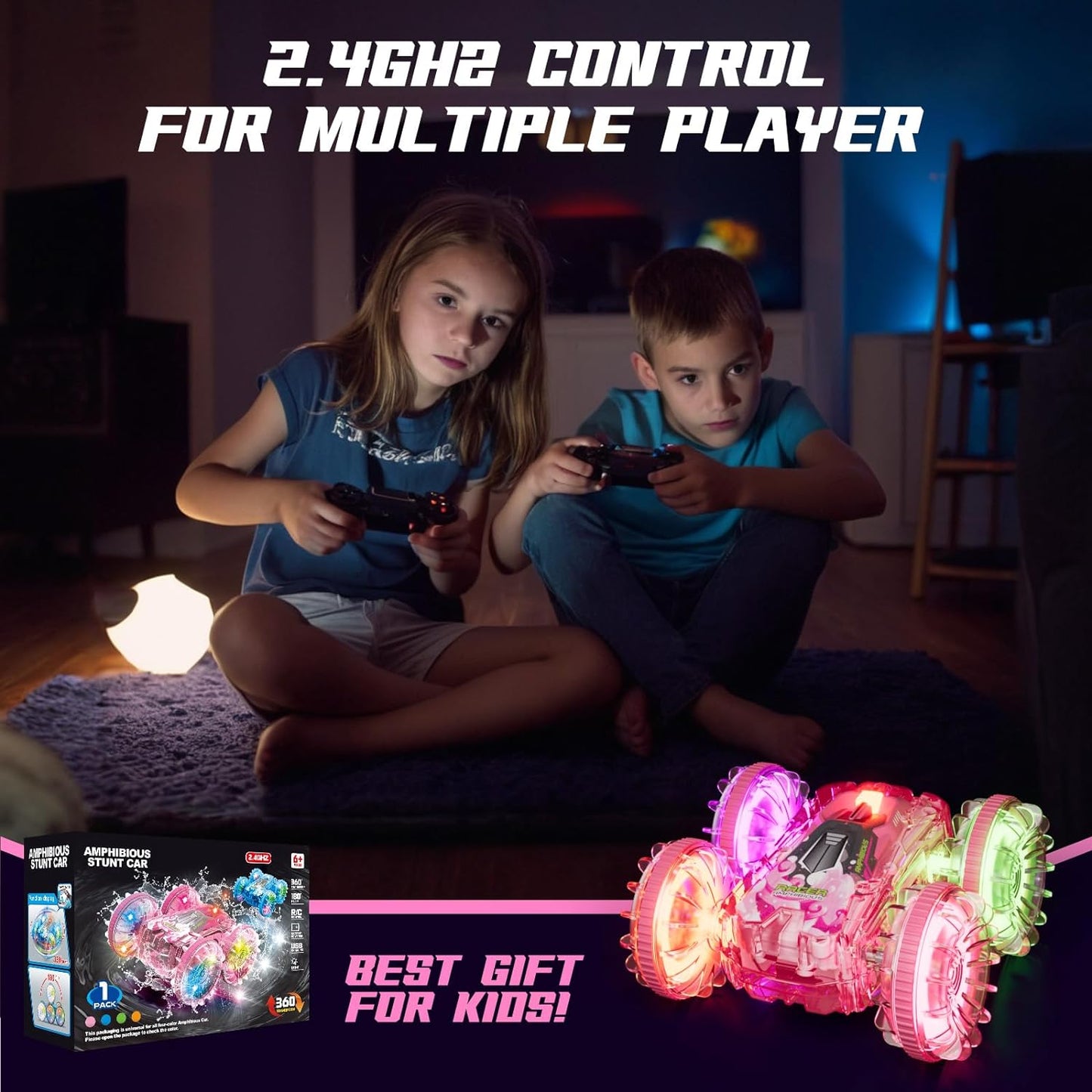 Stunt Car, Remote Control Car for Water or Land Play, Pink Pool Toys with 2Batteries 70/36Minutes, 360øRotation,180øFlip,2.4GHz RC Car with LED Lights Remote Control Car for Kids - Toyigo